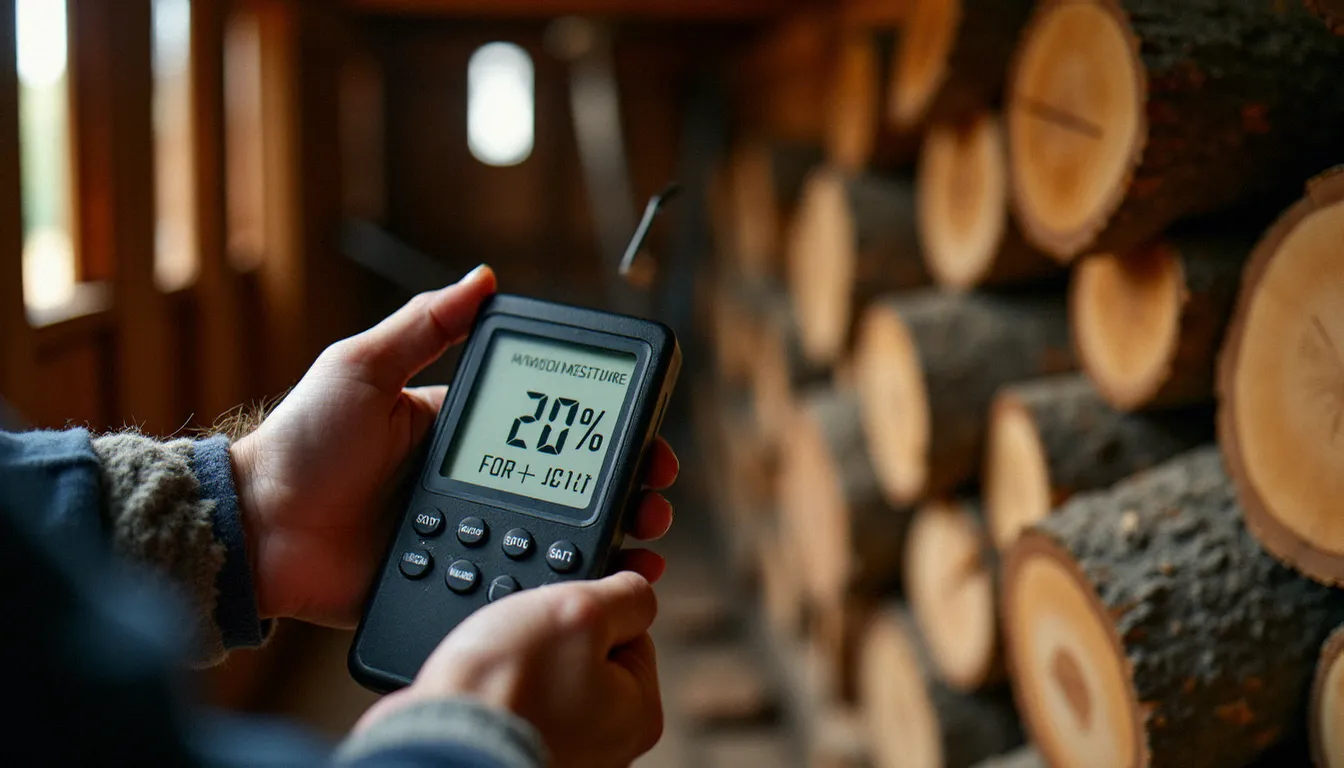 Mesure du taux d'humidité d'une bûche fendue avec un hygromètre numérique dans un hangar à bois, affichant un taux inférieur à 20 % caractéristique du bois sans soif