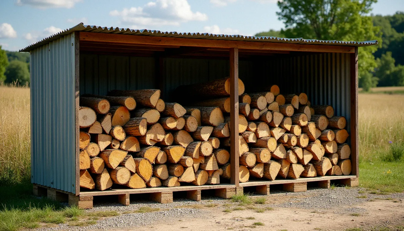 Rangement extérieur de bois de chauffage correctement surélevé sur palettes et couvert d'un abri simple, avec les côtés ouverts pour favoriser le séchage naturel et obtenir un bois sans soif