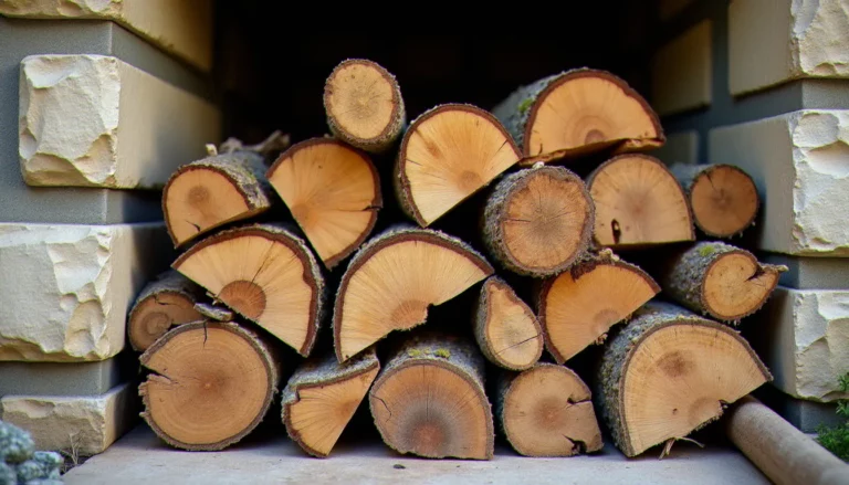Pile de bois sans soif fendu et séché, avec extrémités craquelées caractéristiques du bois sec prêt pour le chauffage, dans un cadre rural du Forez près de Montbrison