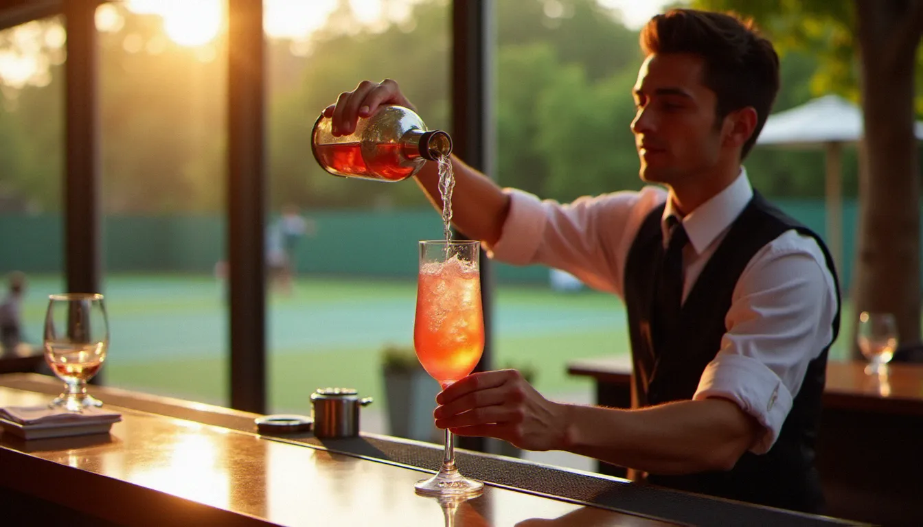 Barman préparant un cocktail pétillant rosé dans un bar avec vue sur un court de tennis en terre battue verte