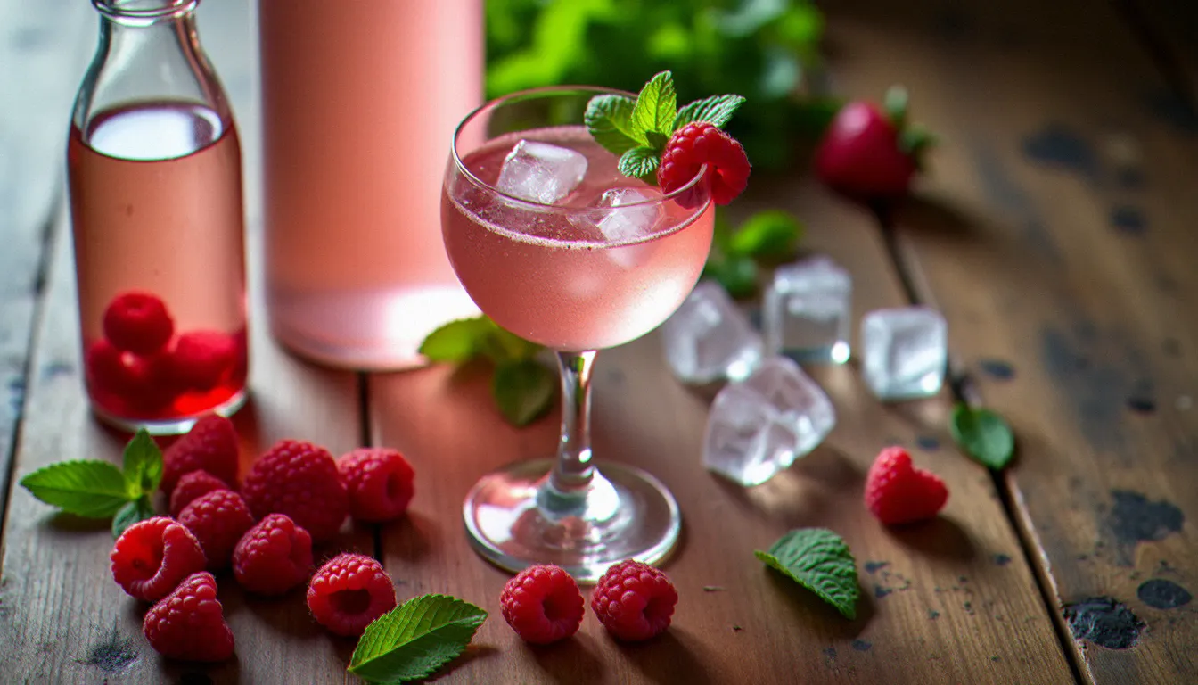 Ingrédients disposés sur une table en bois pour préparer des cocktails Roland Garros maison, avec framboises fraîches, sirop de rose et eau gazeuse