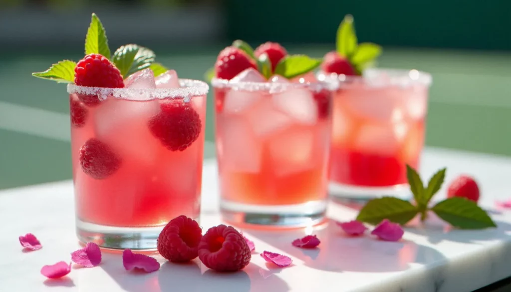 Verres à cocktail colorés inspirés des boissons Roland Garros, garnis de framboises fraîches et menthe, avec un court de tennis flou en arrière-plan