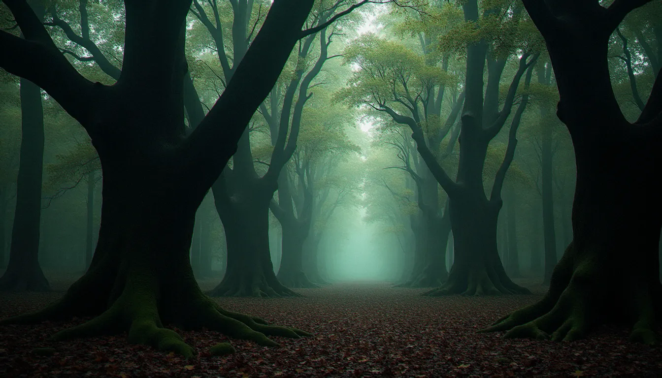 Vue en contre-plongée dans une forêt dense aux arbres imposants, lumière diffuse entre les branches, illustrant la structure narrative labyrinthique de la série