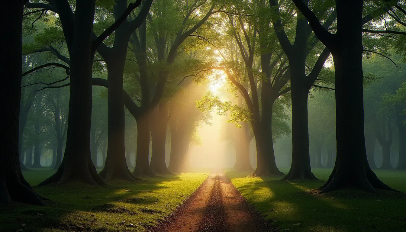 Forêt dense française à l'aube avec un chemin forestier qui disparaît dans les bois, illustration du décor de la série Dans les bois