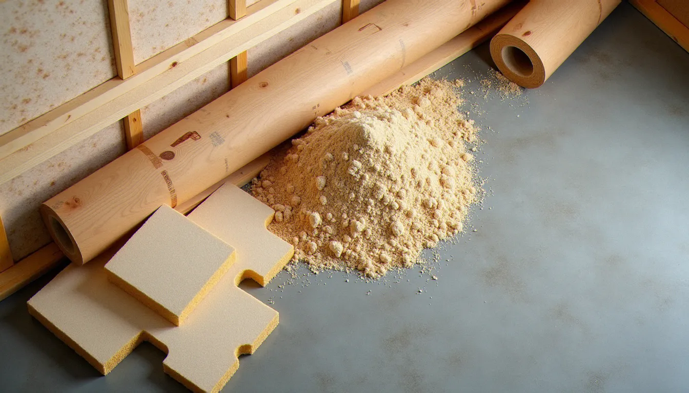 Vue d'ensemble des différents produits isolants à base de bois disponibles en France : panneaux rigides, rouleaux et vrac de fibre de bois