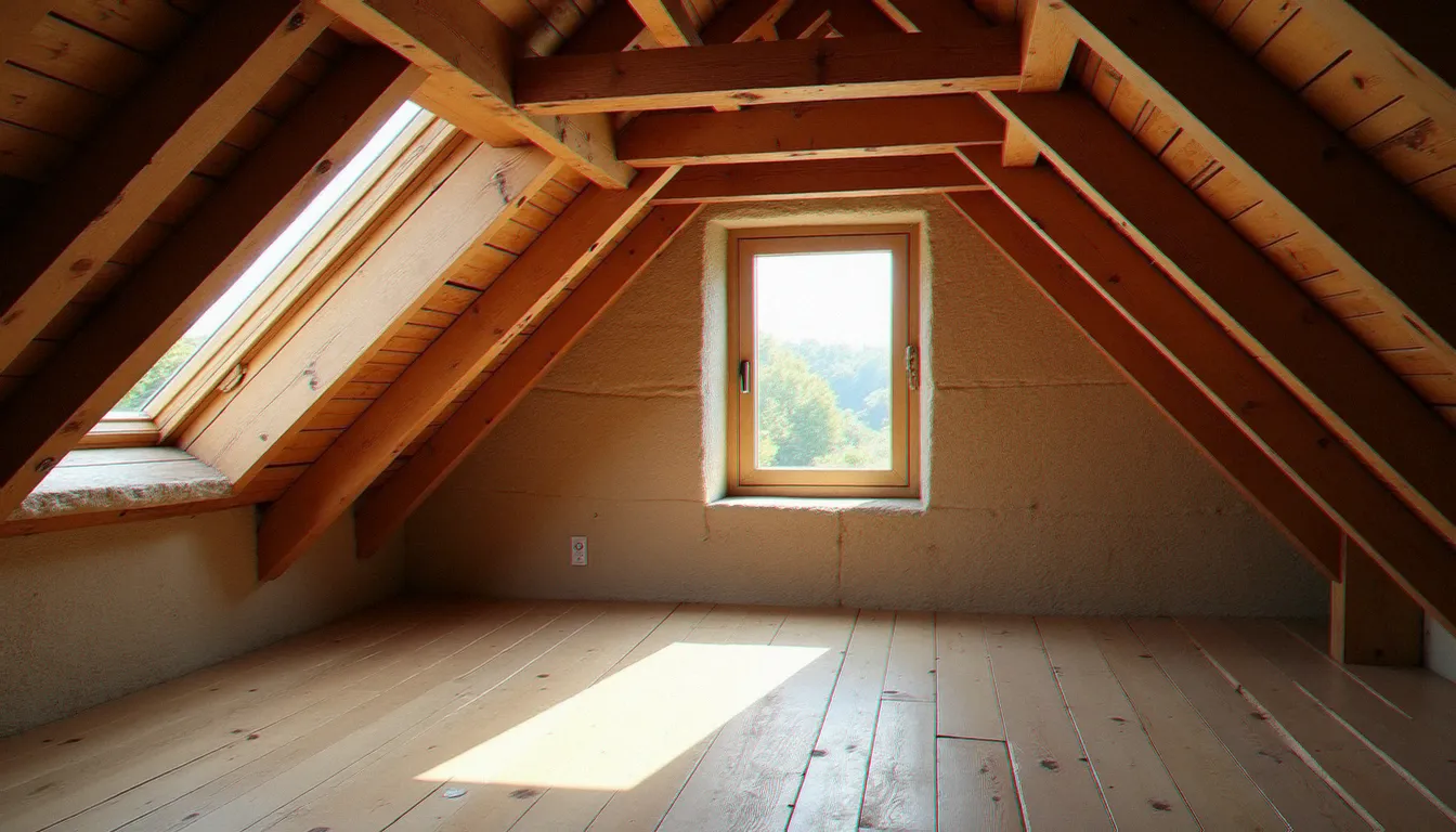 Combles aménagés d'une ferme rénovée en France avec isolation en sarking fibre de bois visible entre les chevrons, lumière naturelle par une fenêtre de toit