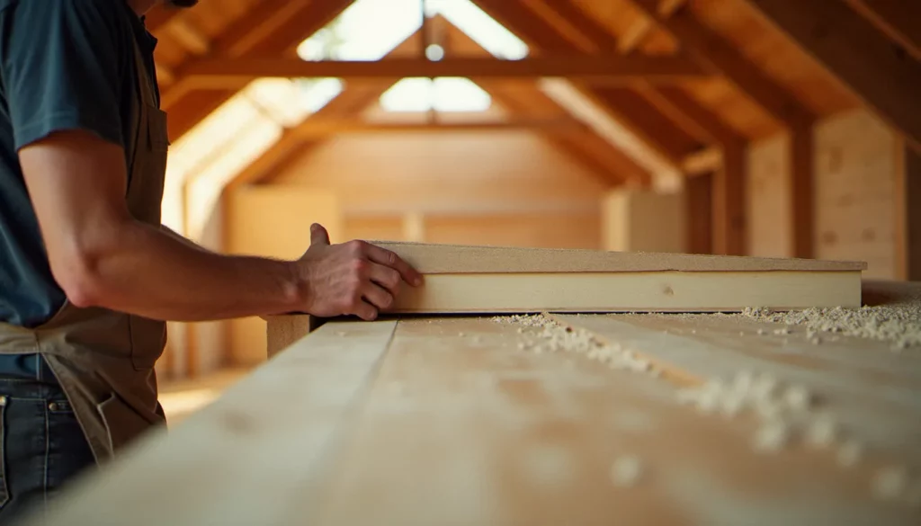 Artisan posant un panneau isolant en fibre de bois sur une charpente, illustrant la france bois isolation en pratique