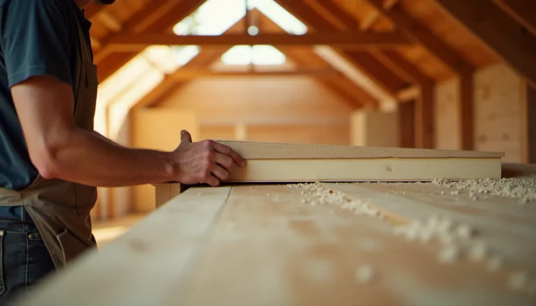 Artisan posant un panneau isolant en fibre de bois sur une charpente, illustrant la france bois isolation en pratique