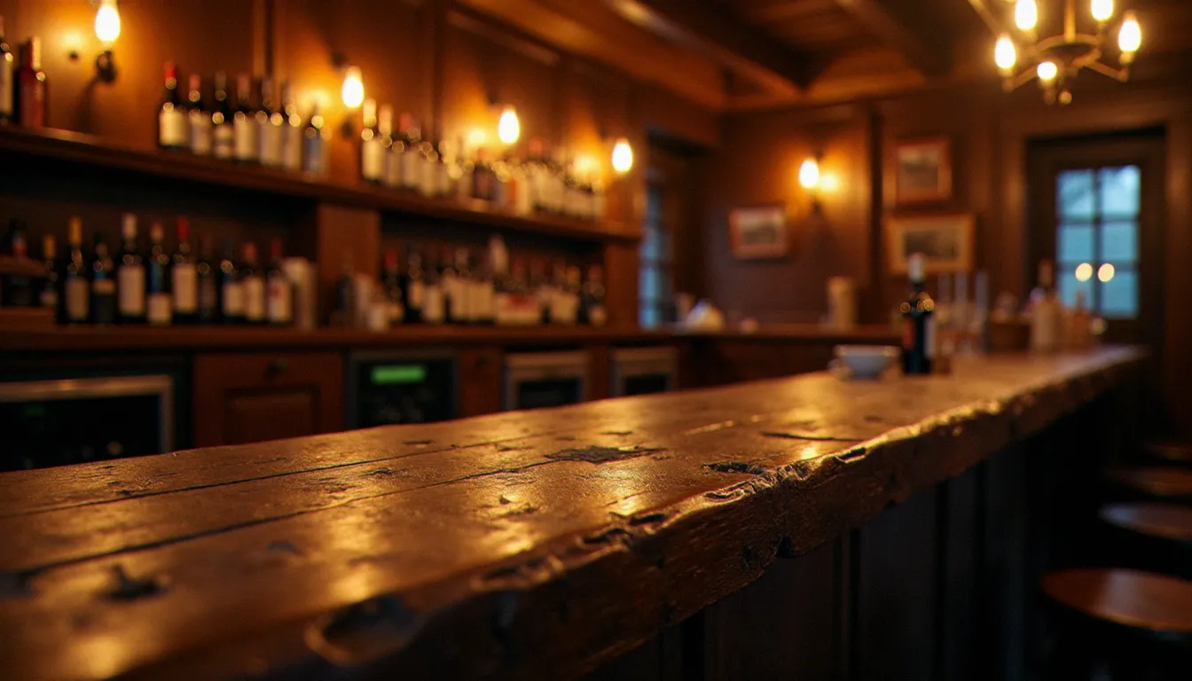 Intérieur d'un vieux bistrot en bois du XIXe siècle, comptoir en chêne usé, bouteilles vides, atmosphère évoquant l'histoire de l'expression gueule de bois