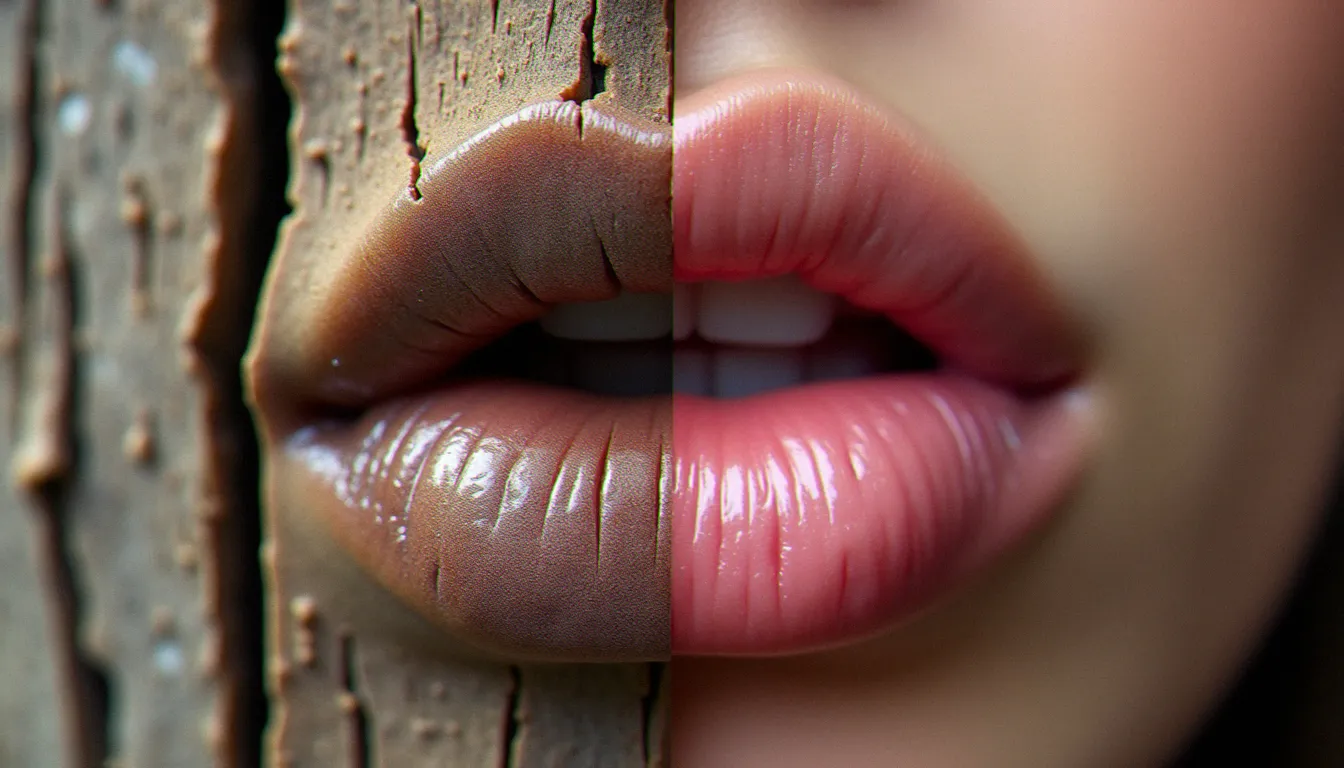 Comparaison visuelle entre la texture rugueuse et sèche d'une planche de chêne brut et des lèvres desséchées, illustrant la métaphore linguistique de la gueule de bois