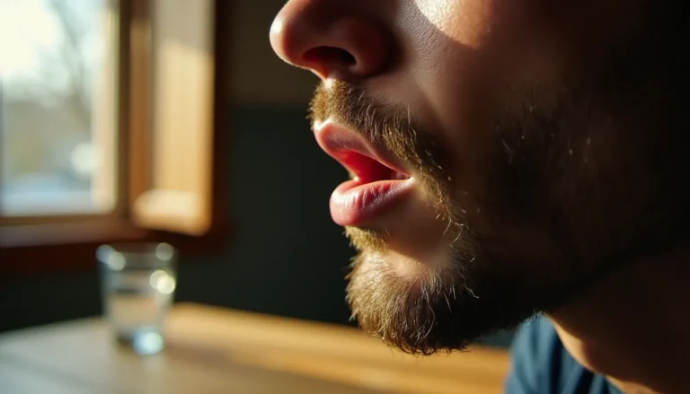 Gros plan sur une bouche sèche et des lèvres desséchées au lever du jour, illustrant la sensation de gueule de bois et pourquoi ce nom évoque la texture du bois