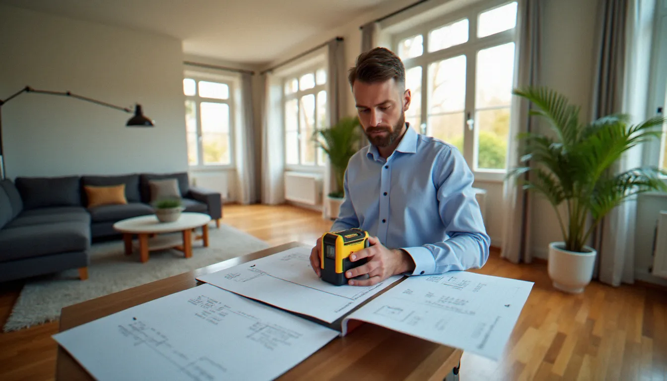 Technicien mesurant une pièce pour calculer la puissance nécessaire d'un poêle à bois