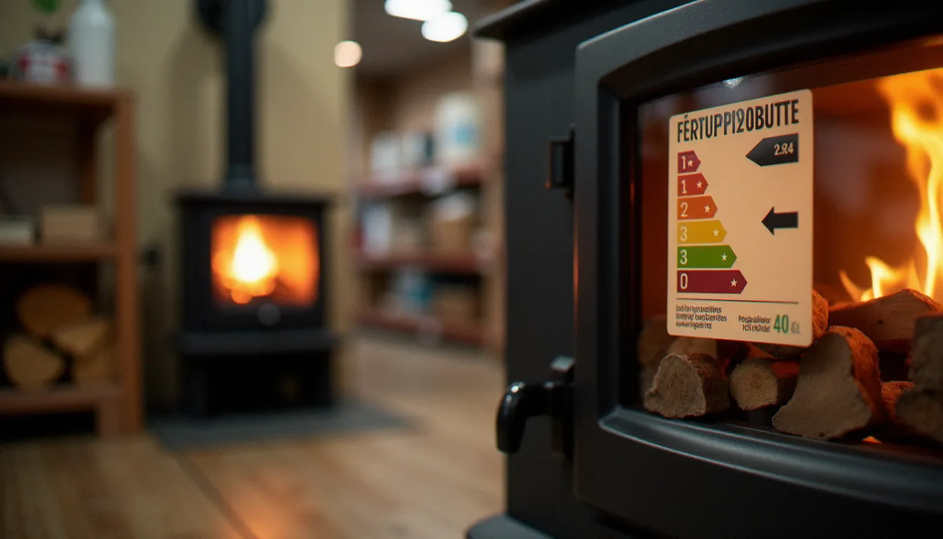 Étiquette label Flamme Verte 7 étoiles sur un poêle à bois exposé en magasin