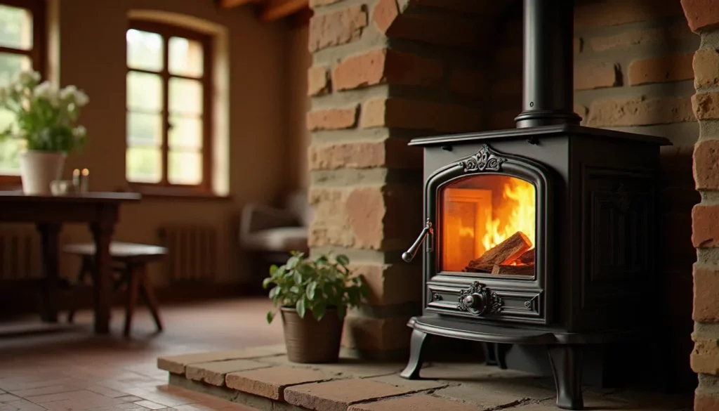 Poêle à bois en fonte avec flammes visibles dans un salon rustique, illustration du choix d'un poêle à bois