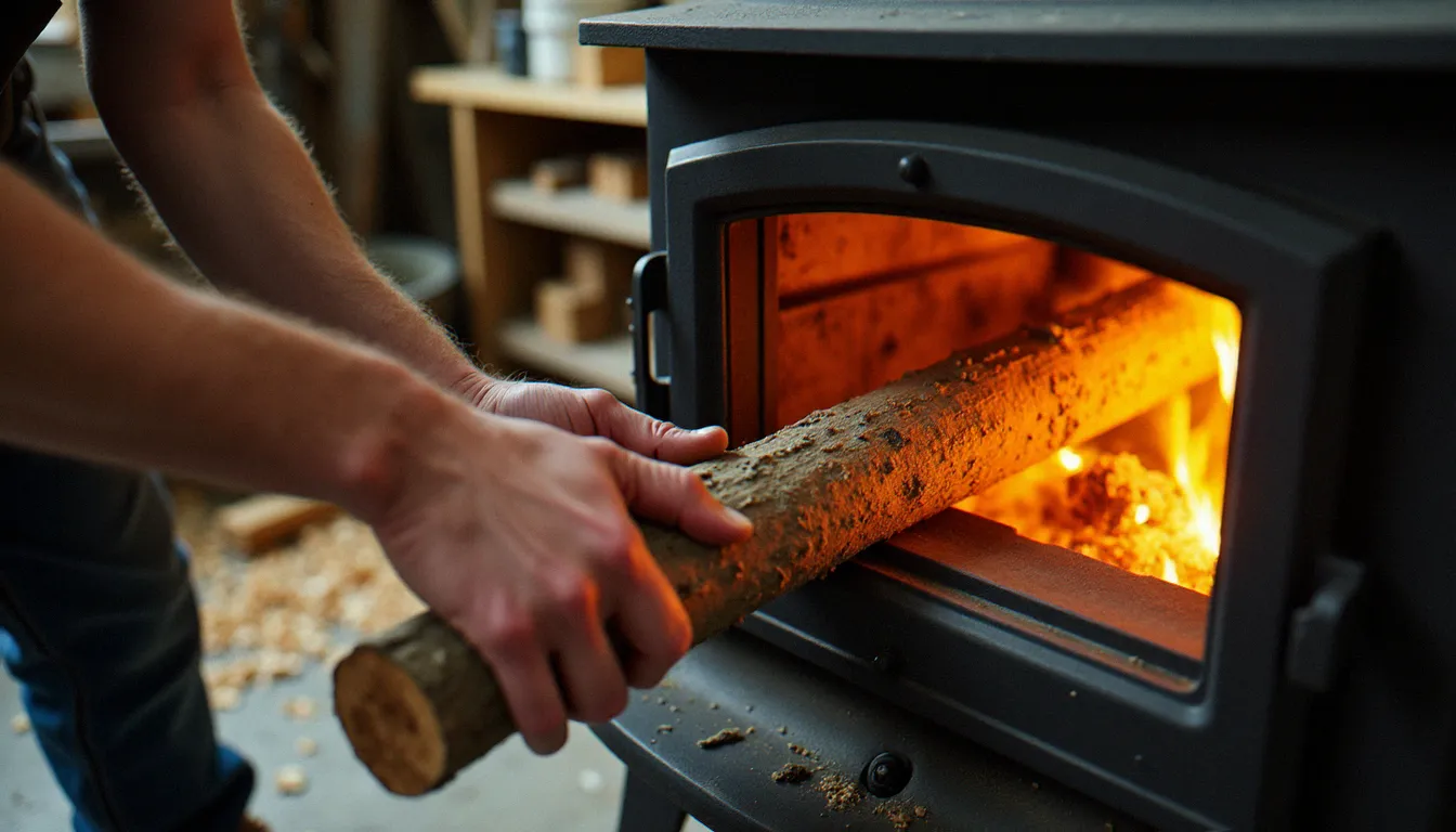 Mains d'un artisan chargeant une bûche de chêne sec dans le foyer d'un poêle à bois haute efficacité, braises rougeoyantes visibles à l'intérieur