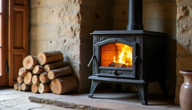 Poêle à bois efficace en fonte avec feu visible à travers la vitre, installé dans un salon en pierre du Languedoc avec des bûches de chêne empilées à côté