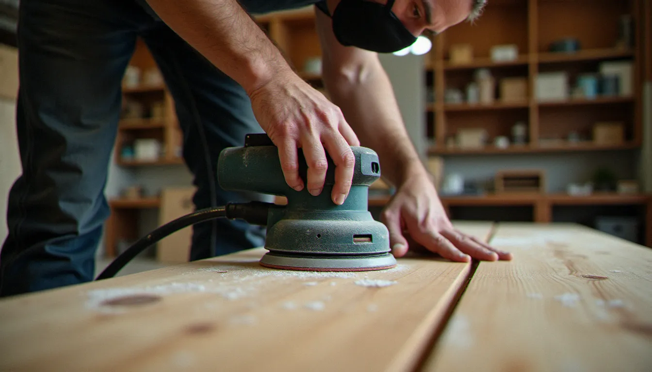 Artisan utilisant une ponceuse excentrique avec aspiration pour poncer efficacement un parquet en bois lors d'une rénovation