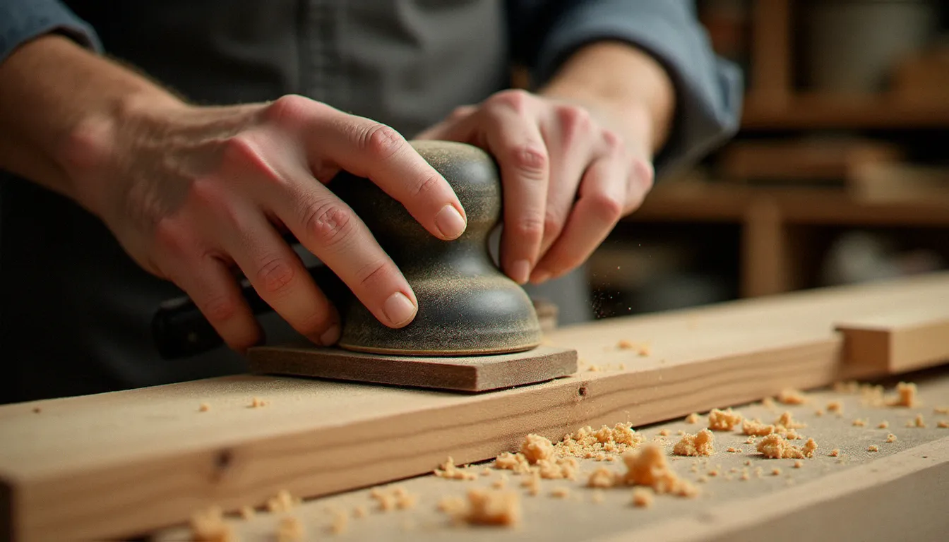 Artisan ponçant efficacement du bois de chêne avec une cale à poncer dans un atelier menuiserie