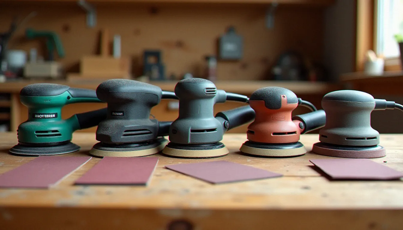 Comparatif des différents types de ponceuses bois disposées sur un établi d'atelier avec des feuilles abrasives de grains variés
