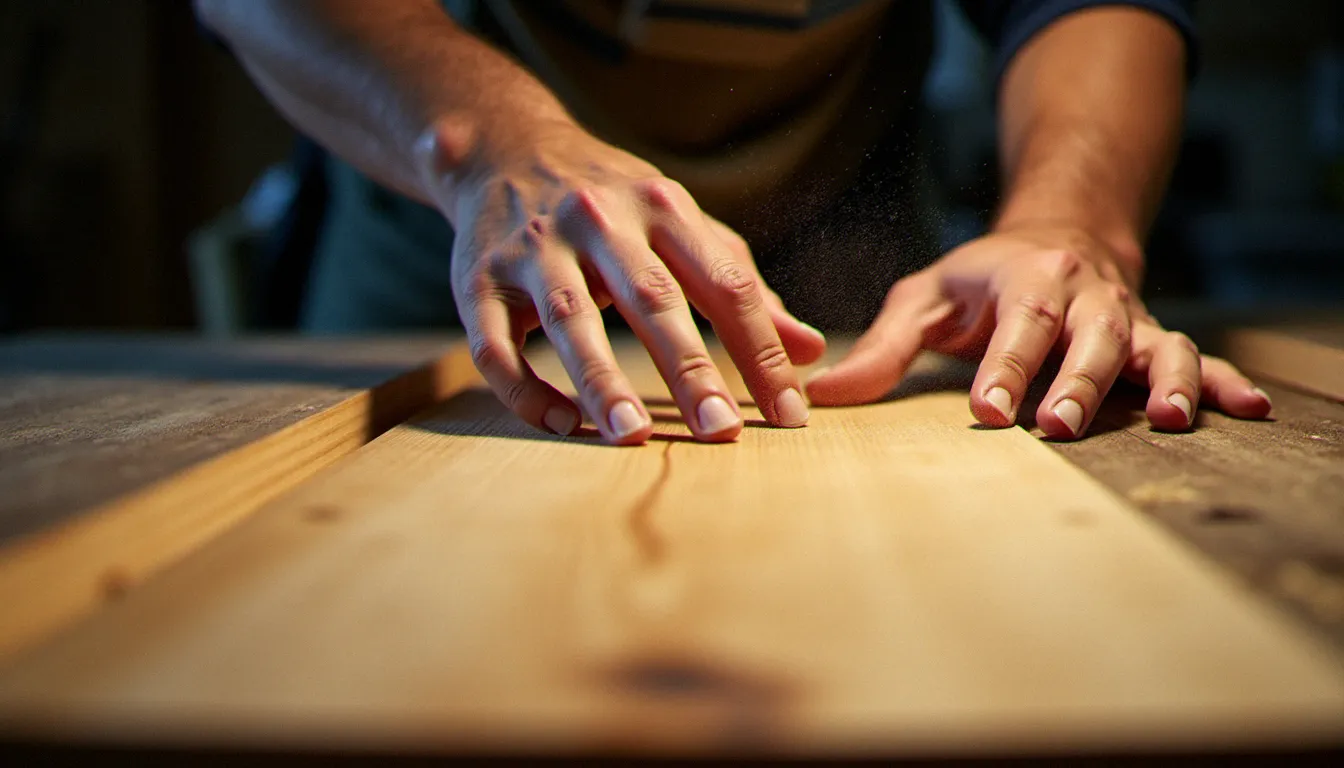 Menuisier vérifiant du bout des doigts la qualité du ponçage sur une surface en bois de pin après utilisation d'une ponceuse efficace