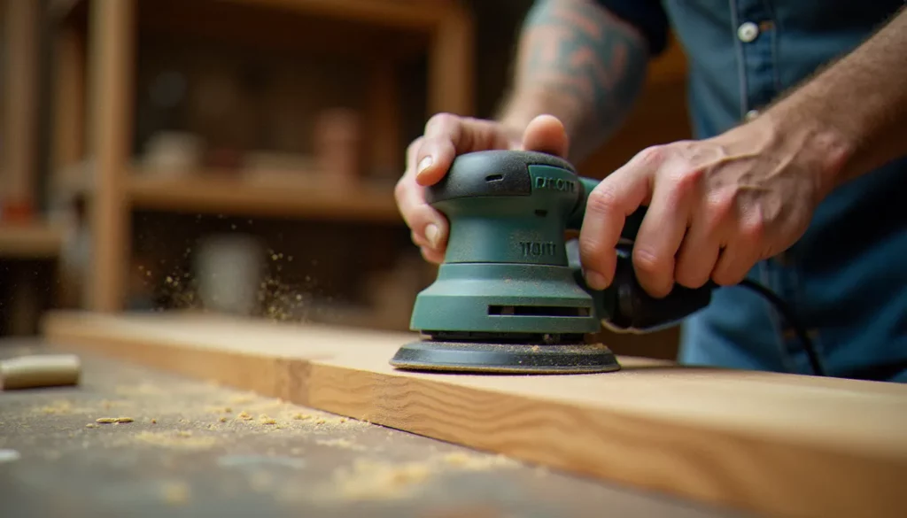 Artisan utilisant une ponceuse bois efficace sur une planche de chêne dans un atelier, poussière de bois visible autour de l'outil