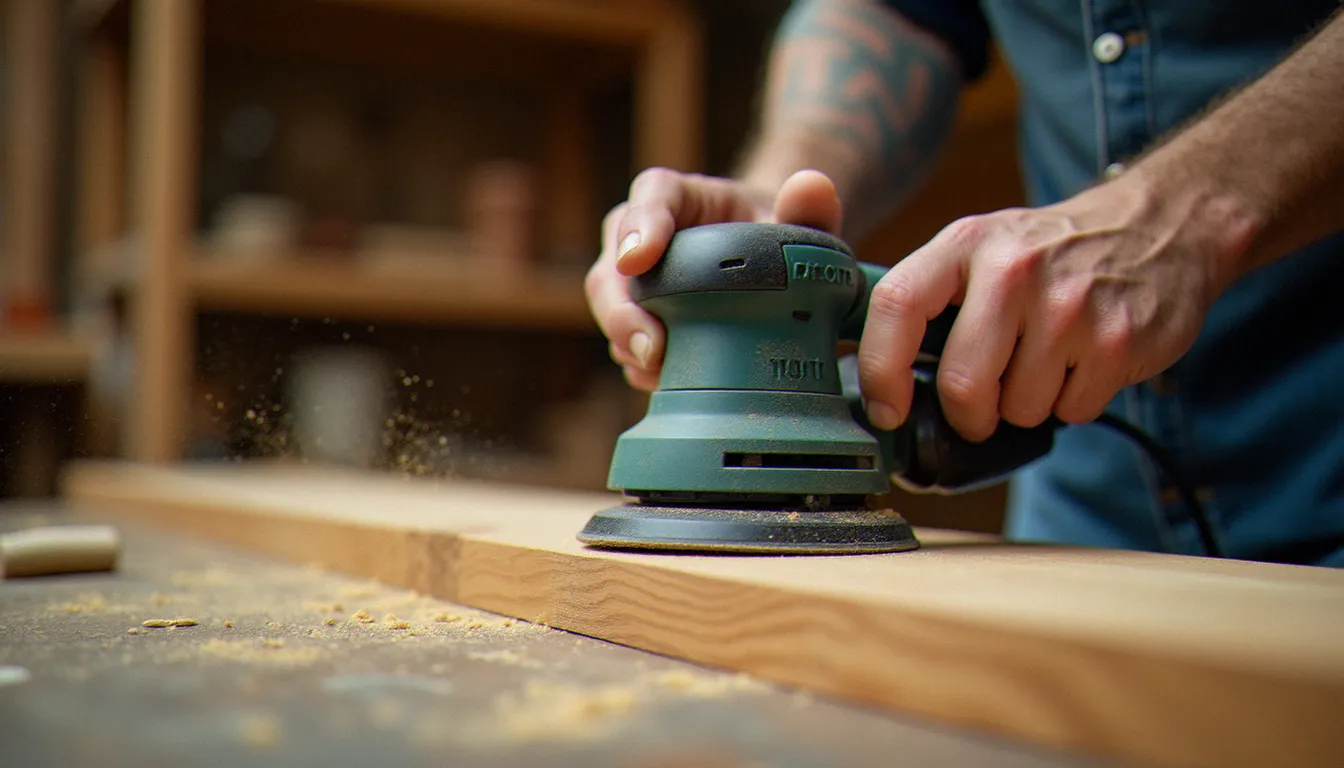 Artisan utilisant une ponceuse bois efficace sur une planche de chêne dans un atelier, poussière de bois visible autour de l'outil