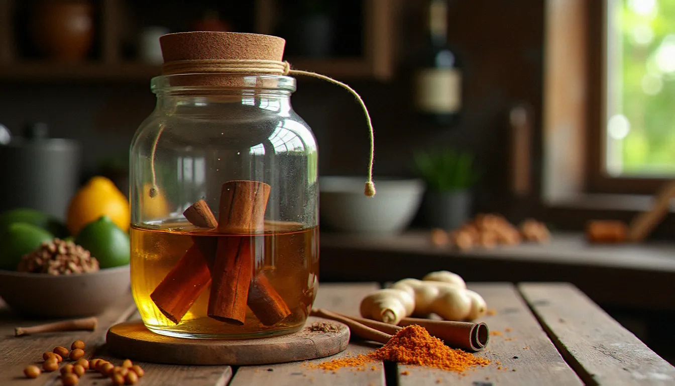 Bocal en verre avec écorce de bois bandé en macération dans du rhum blanc, entouré d'épices antillaises comme la cannelle et le gingembre sur un plan de travail en bois