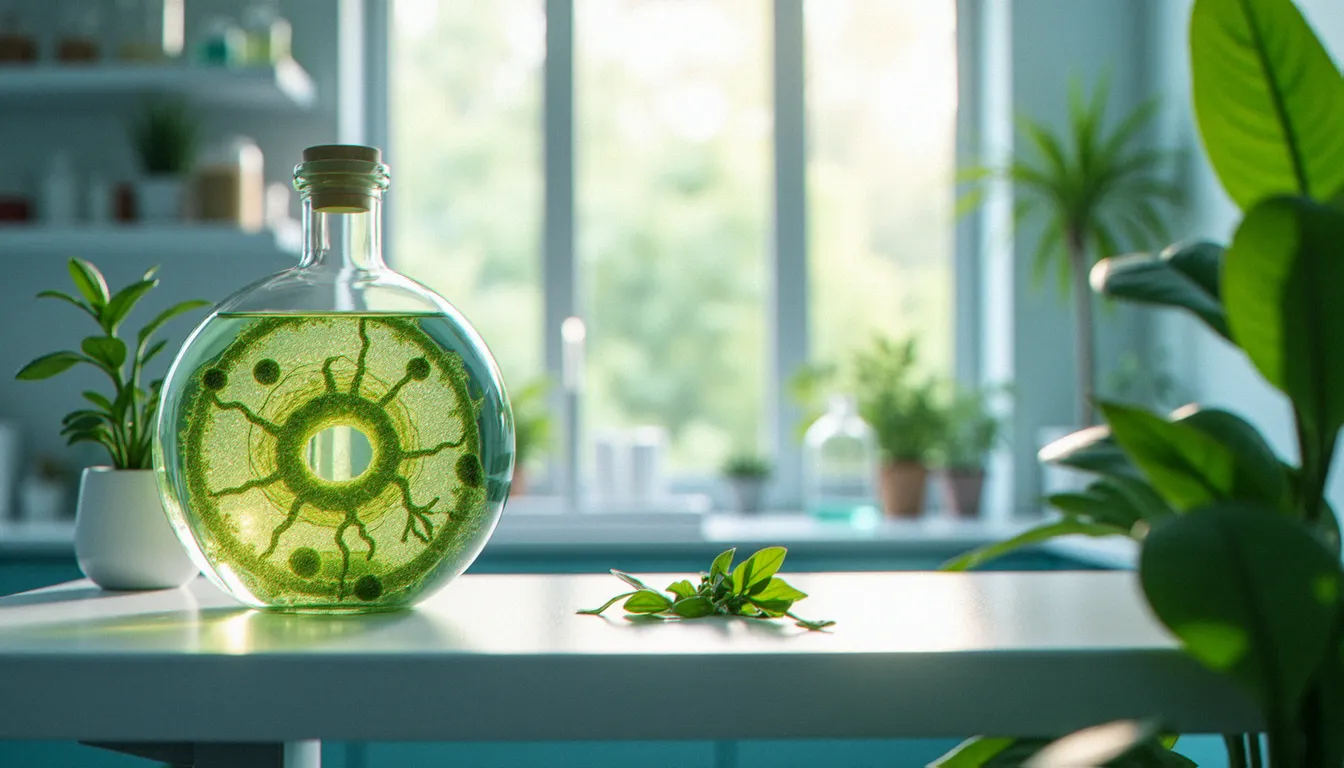 Cadre de laboratoire botanique avec échantillons de plantes tropicales et verrerie scientifique illustrant l'analyse des composés actifs du bois bandé