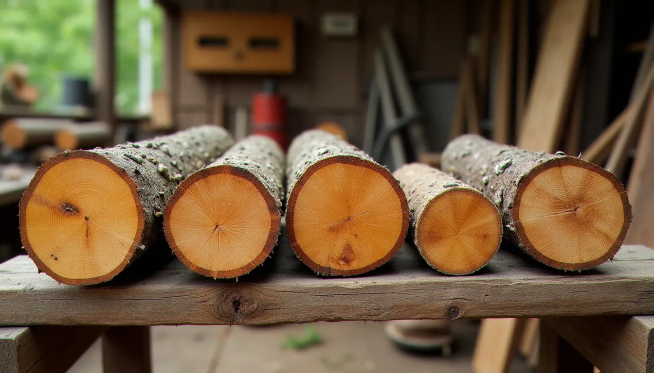 Différentes essences de bois fendu côte à côte montrant la densité du grain, de gauche à droite résineux et feuillus durs