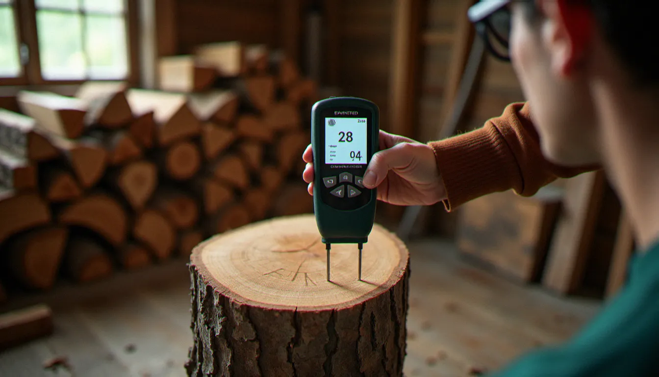 Utilisation d'un humidimètre à bois planté dans une bûche de chêne pour mesurer le taux d'humidité avant la combustion