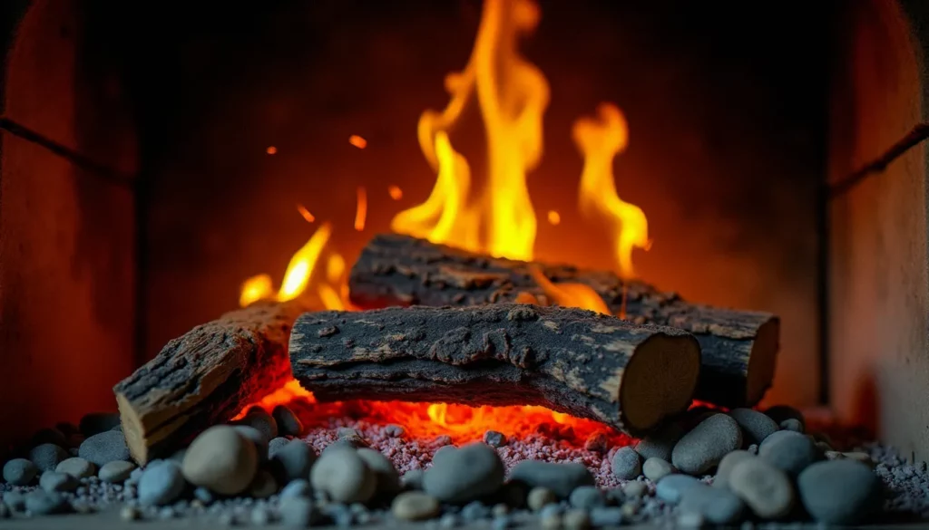 Bûches de chêne qui crépitent en brûlant dans une cheminée en pierre, avec des flammes vives illustrant pourquoi le bois crépite