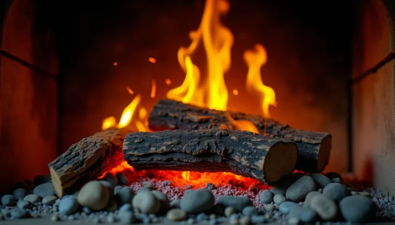 Bûches de chêne qui crépitent en brûlant dans une cheminée en pierre, avec des flammes vives illustrant pourquoi le bois crépite