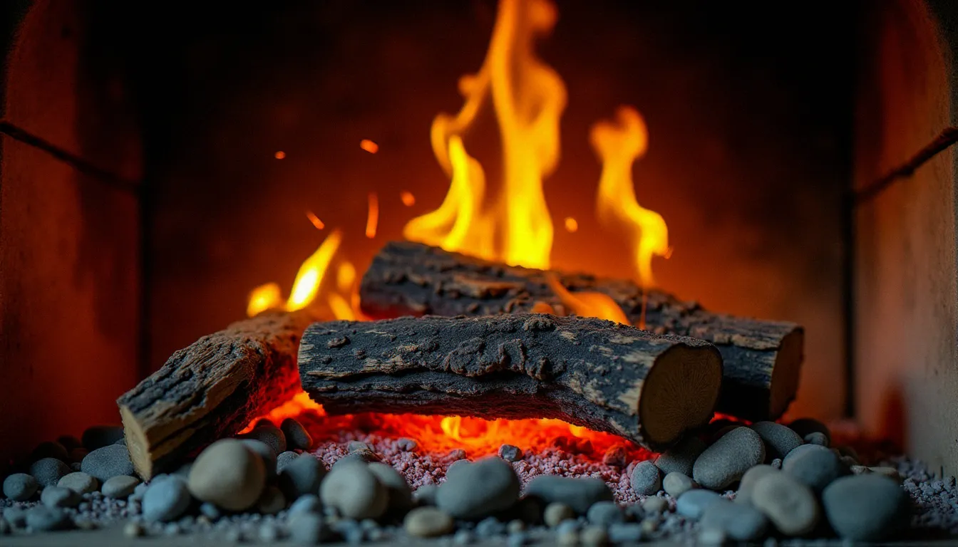 Bûches de chêne qui crépitent en brûlant dans une cheminée en pierre, avec des flammes vives illustrant pourquoi le bois crépite