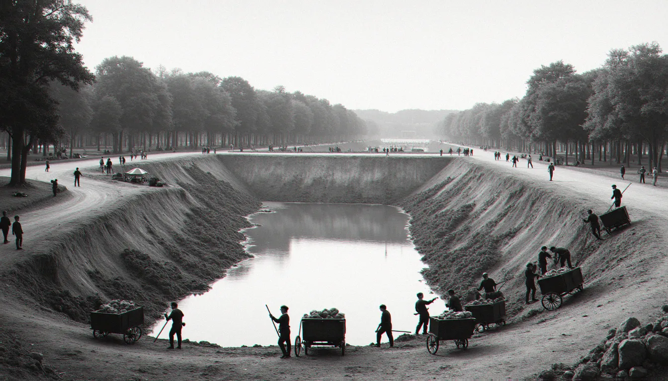 Reconstitution réaliste des travaux de creusement des lacs artificiels du Bois de Boulogne au XIXème siècle sous Napoléon III, avec ouvriers et chevaux de trait
