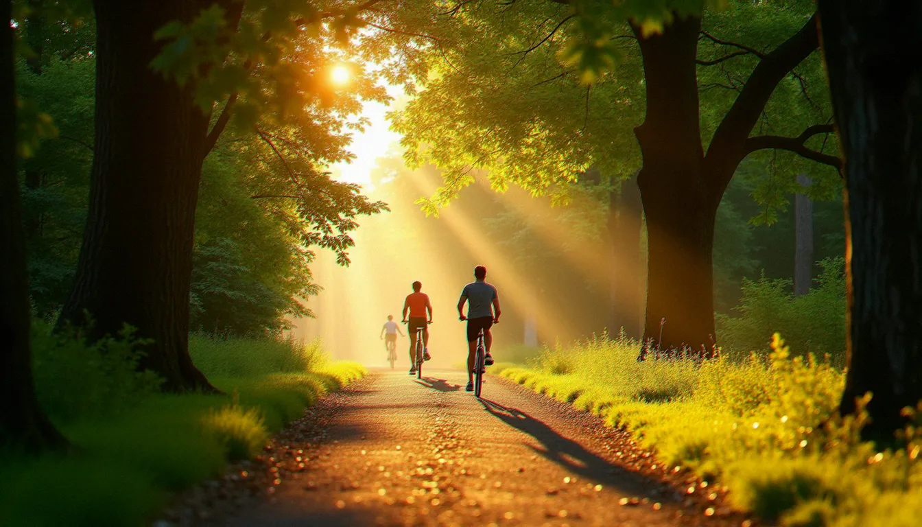 Allée ombragée du Bois de Boulogne un matin ensoleillé avec coureurs et cyclistes sous des chênes centenaires, illustrant la fréquentation sportive de ce poumon vert parisien