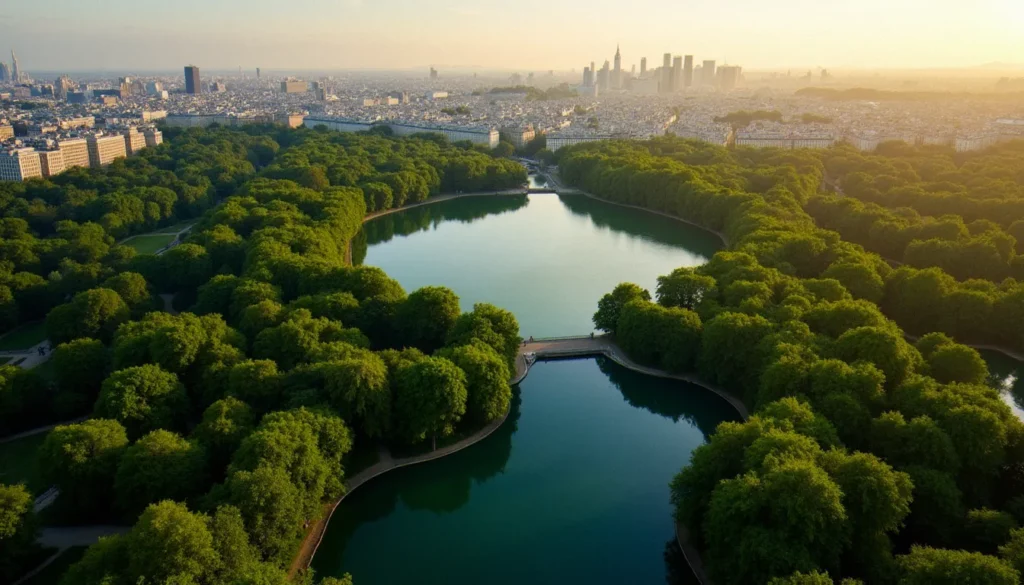 Vue aérienne du Bois de Boulogne à Paris montrant les lacs et la forêt dense au cœur de la capitale, illustration du pourquoi bois de boulogne est un espace naturel unique en milieu urbain
