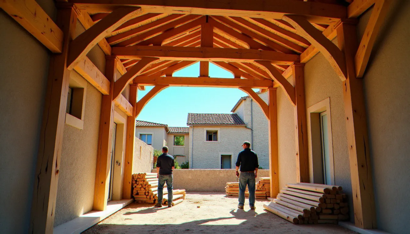 Pose d'une charpente traditionnelle en chêne dormant séché, avec des madriers dorés bien dimensionnés assemblés par des artisans en chantier dans le Sud de la France