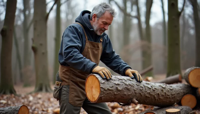 Artisan forestier examinant un tronc de chêne coupé en dormance hivernale dans une forêt de l'Hérault, illustrant le principe du bois dormant