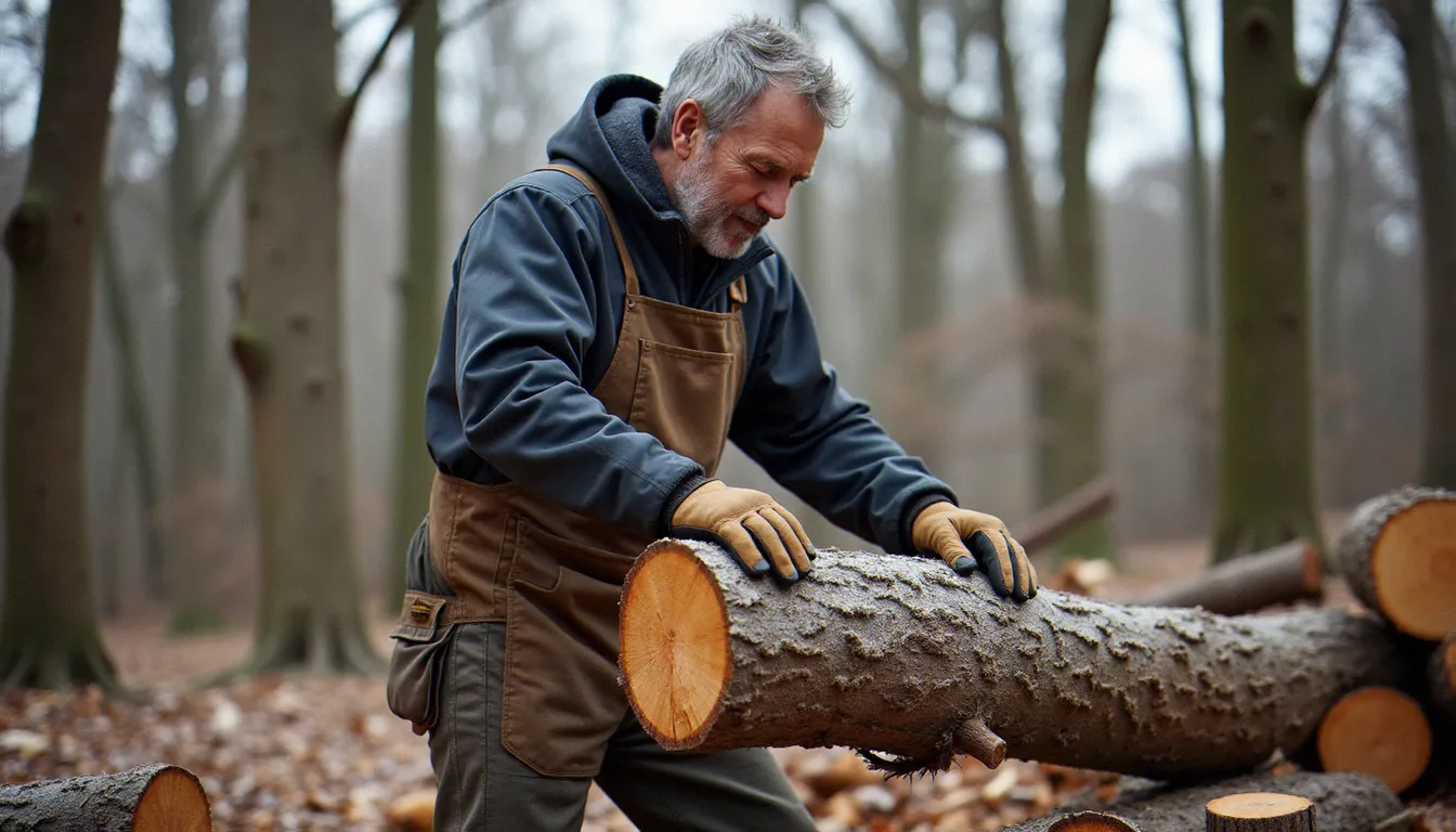 Artisan forestier examinant un tronc de chêne coupé en dormance hivernale dans une forêt de l'Hérault, illustrant le principe du bois dormant