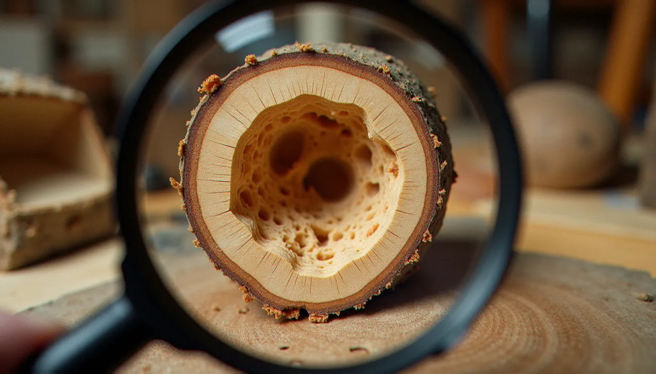 Vue en coupe microscopique de cellules de bois d'épicéa montrant les cavités creuses responsables de la faible densité du bois