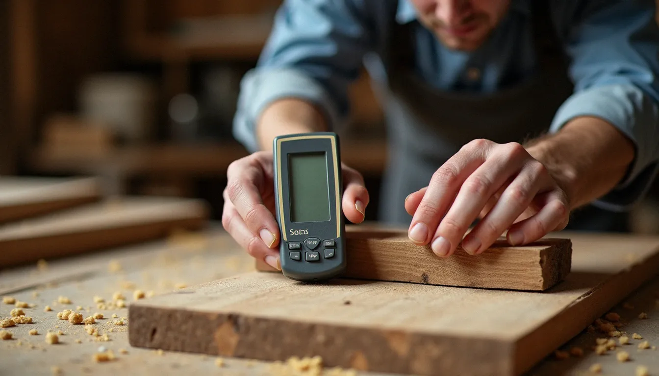 Artisan mesurant la teneur en eau d'une planche de chêne avec un hygromètre numérique dans un atelier de menuiserie traditionnel