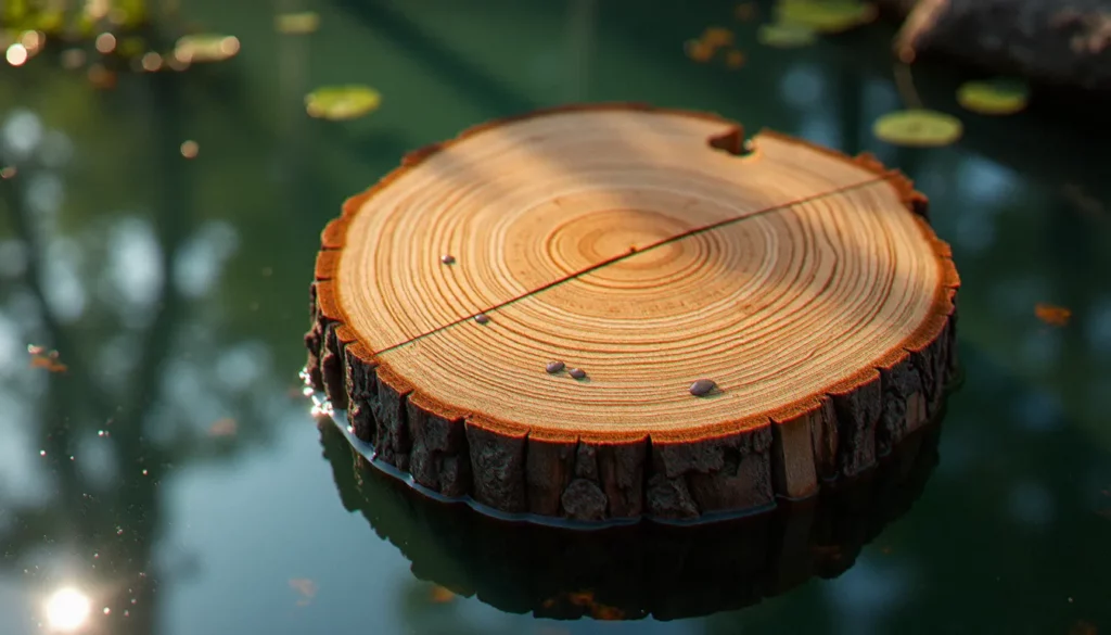 Section transversale d'une bûche de chêne flottant sur l'eau, illustrant pourquoi le bois flotte grâce à sa structure cellulaire
