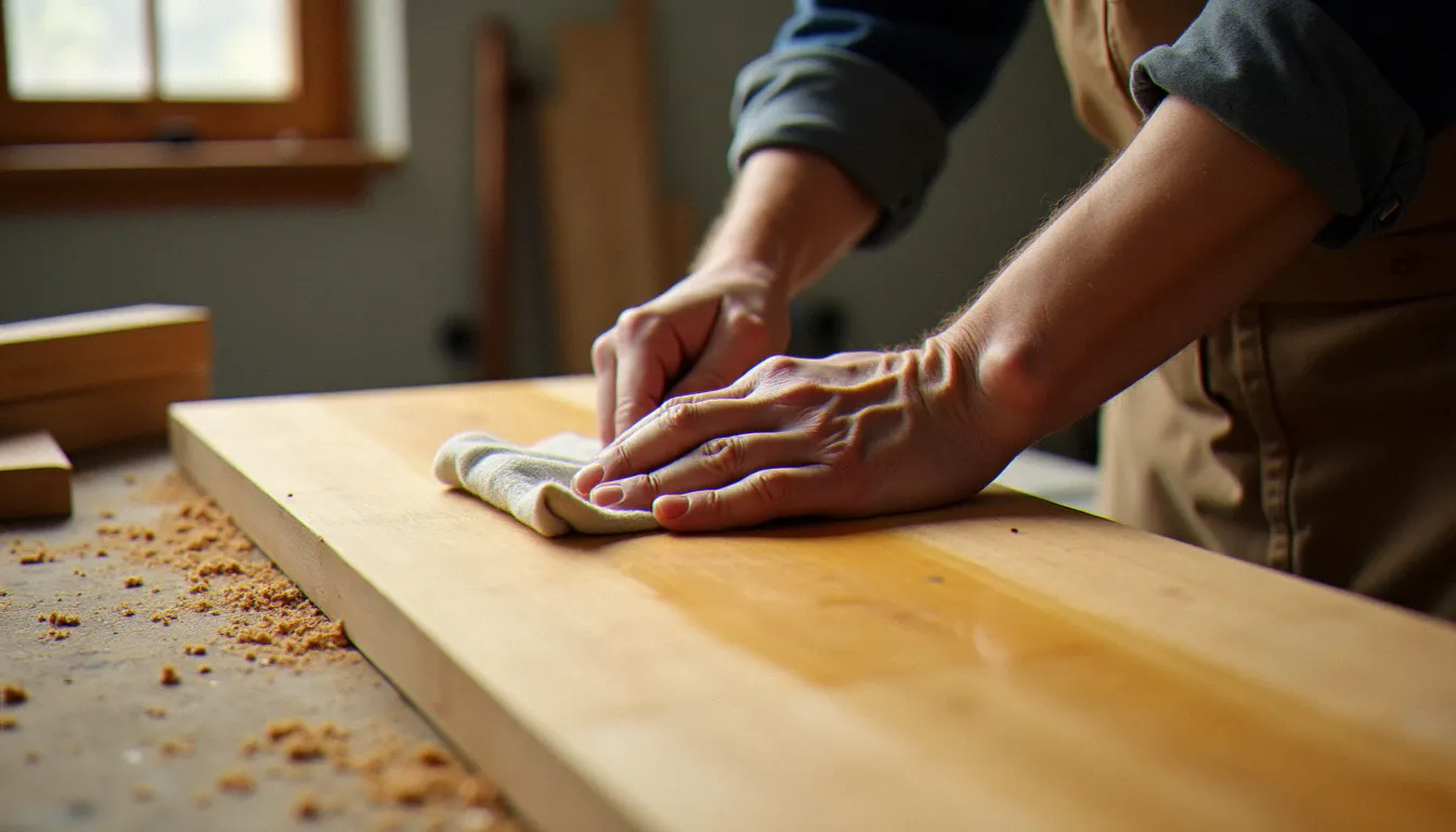 Artisan appliquant une huile naturelle sur une planche de chêne pour obtenir une finition bois miel en atelier