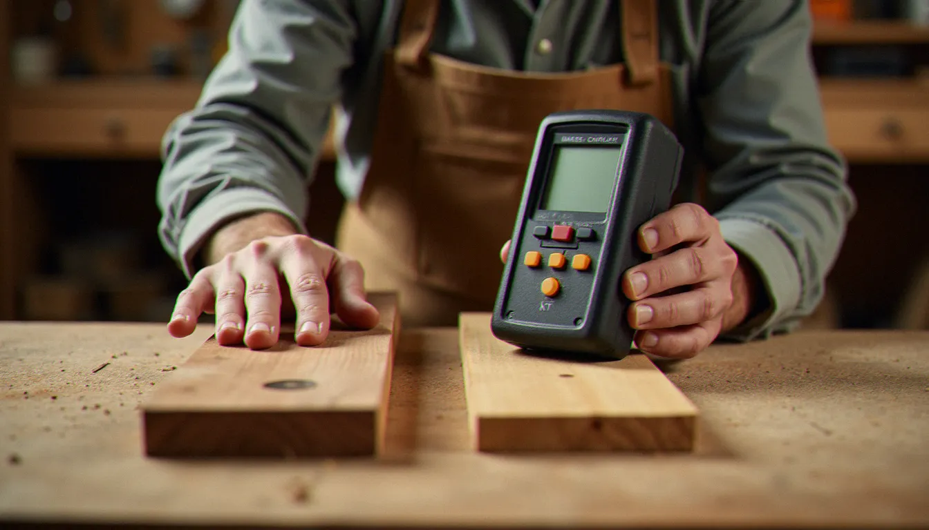 Artisan en atelier mesurant le taux d'humidité de deux planches de bois dont l'une est gauche à l'humidimètre