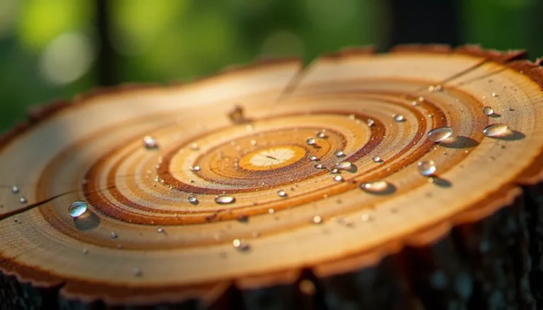Coupe transversale d'un tronc de chêne montrant les cernes annuels et des gouttelettes d'eau absorbées — illustration de la question pourquoi bois tu autour du bois