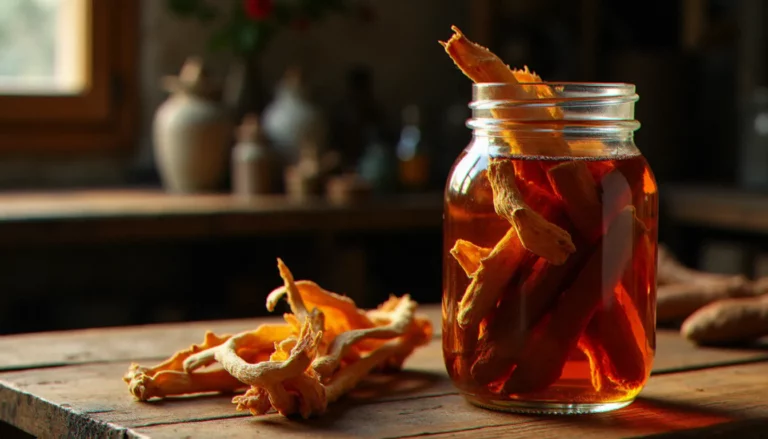 Bocal en verre contenant une macération de bois bandé dans du rhum ambré, posé sur un établi en bois, illustrant la recette bois bandé traditionnelle antillaise