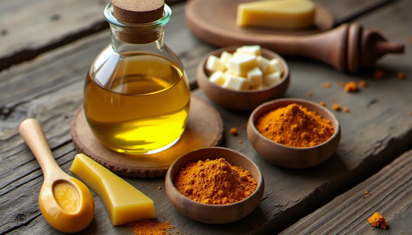 Ingrédients naturels de la recette bois camole disposés sur un établi : huile de lin, térébenthine de Venise, cire d'abeille et pigments naturels