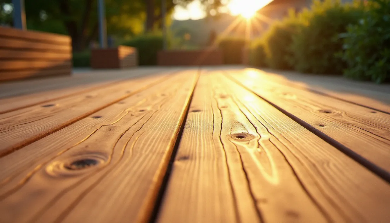 Terrasse en bois de mélèze traité au camole dans le Languedoc, mise en valeur du fil du bois avec une teinte chaude naturelle
