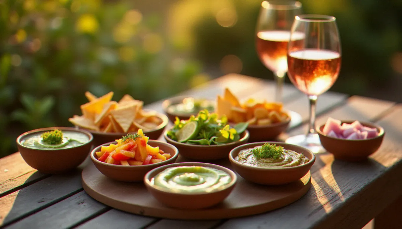 Table d'apéritif en extérieur avec différentes variantes de bois camole dans des bols en terre cuite, accompagnées de légumes crus et de pain grillé au soleil couchant