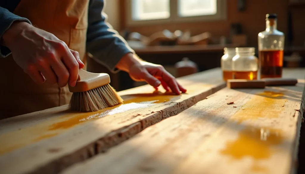 Artisan appliquant une recette bois camole à l'huile de lin sur des planches de chêne brut dans un atelier de menuiserie traditionnel